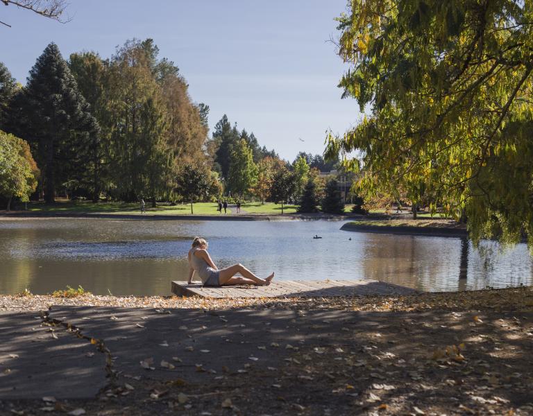 Photo of student sitting by the Lakes reading